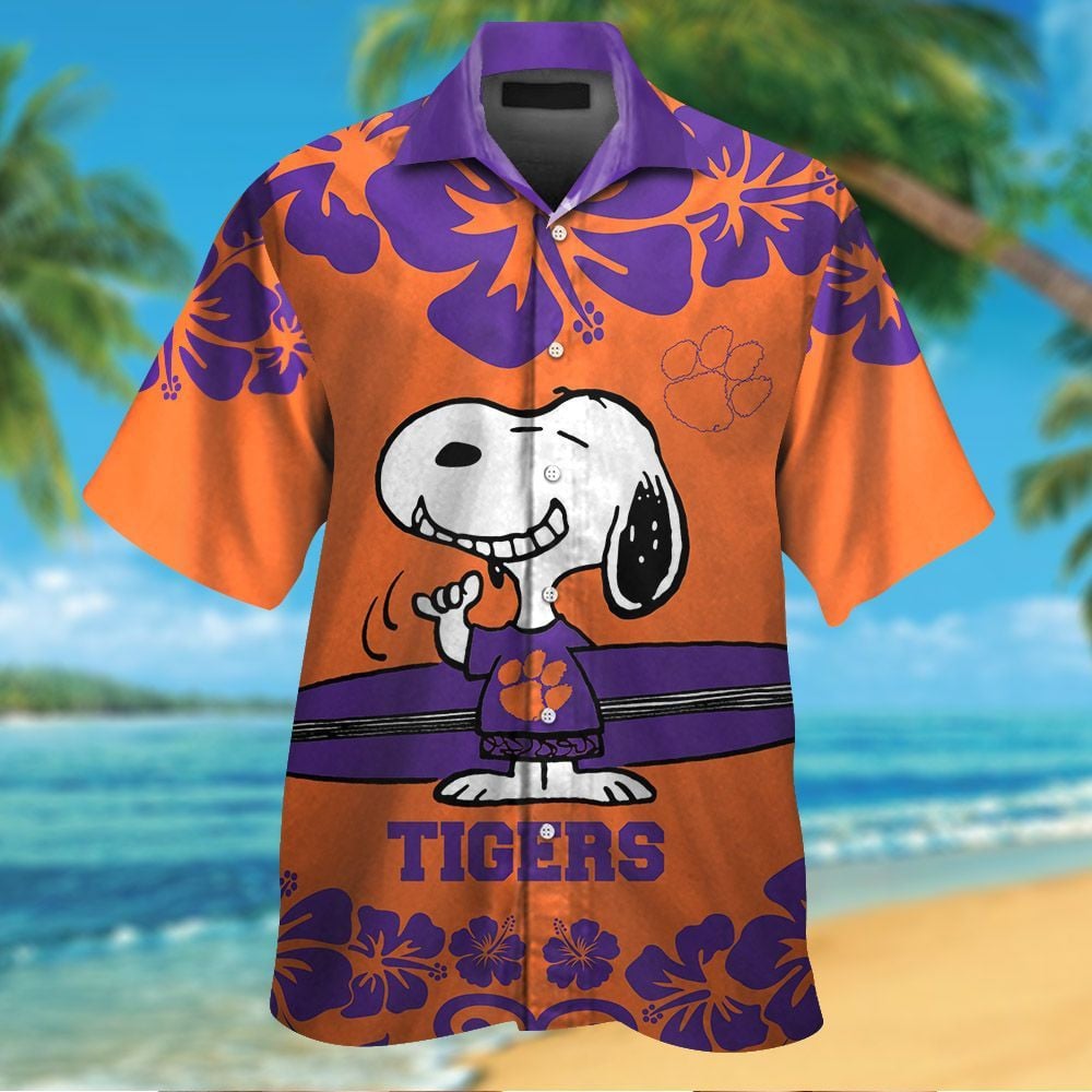 Clemson Tigers & Snoopy Short Sleeve Button Up Tropical Aloha Hawaiian Shirts For Men Women Ncaa