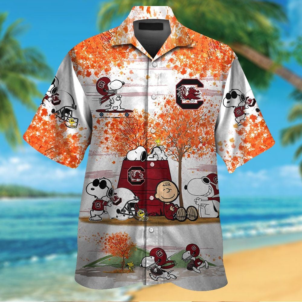 South Carolina Gamecocks Snoopy Autumn Short Sleeve Button Up Tropical Aloha Hawaiian Shirts For Men Women Ncaa