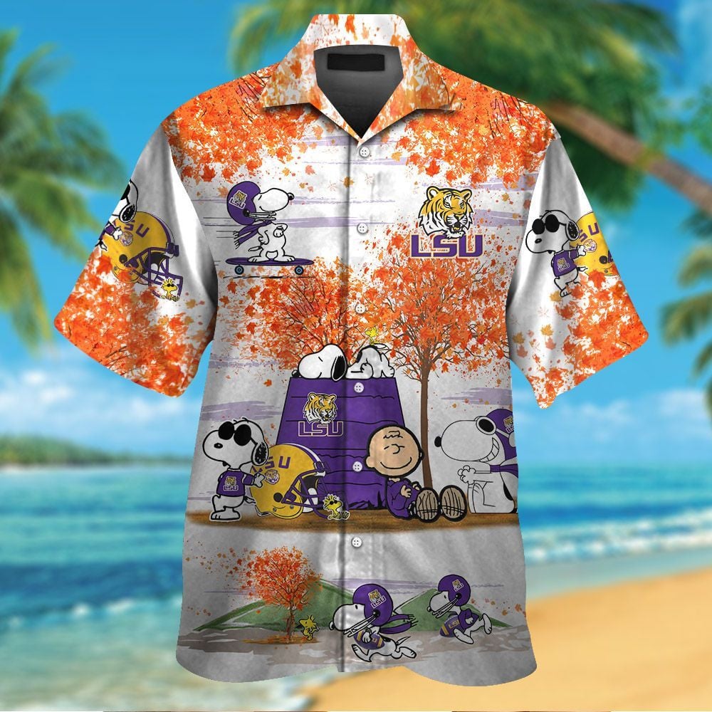 Lsu Tigers Snoopy Autumn Short Sleeve Button Up Tropical Aloha Hawaiian Shirts For Men Women Ncaa