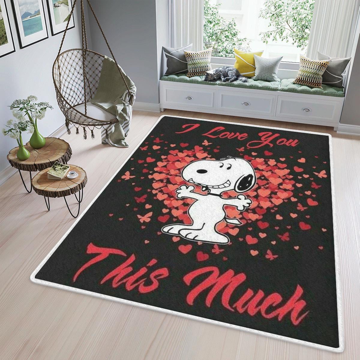 Snoopy The Peanuts Fan Gift, Valentine's Day Gift Area Rug Living Room, Snoopy I Love You This Much Rug Home Decor Floor Decor