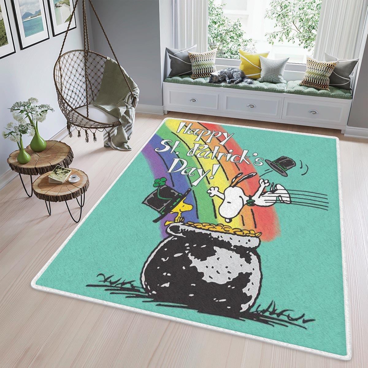 Snoopy Fan Gift, Happy St Patrick's Day Area Rug Living Room, Snoopy Woodstock And Pot Of Gold Home Decor Floor Decor