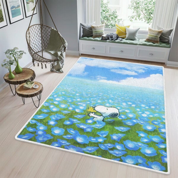 Funny Snoopy Area Rug Living Room, Peanuts Snoopy Woodstock Flowers, Gift For Fan Rug Home Decor Floor Decor 1474