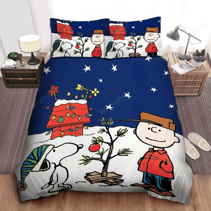 Peanuts Charlie Brown &amp; Snoopy Decorating For Christmas Bed Sheets Spread Comforter Duvet Quilt Bedding Set