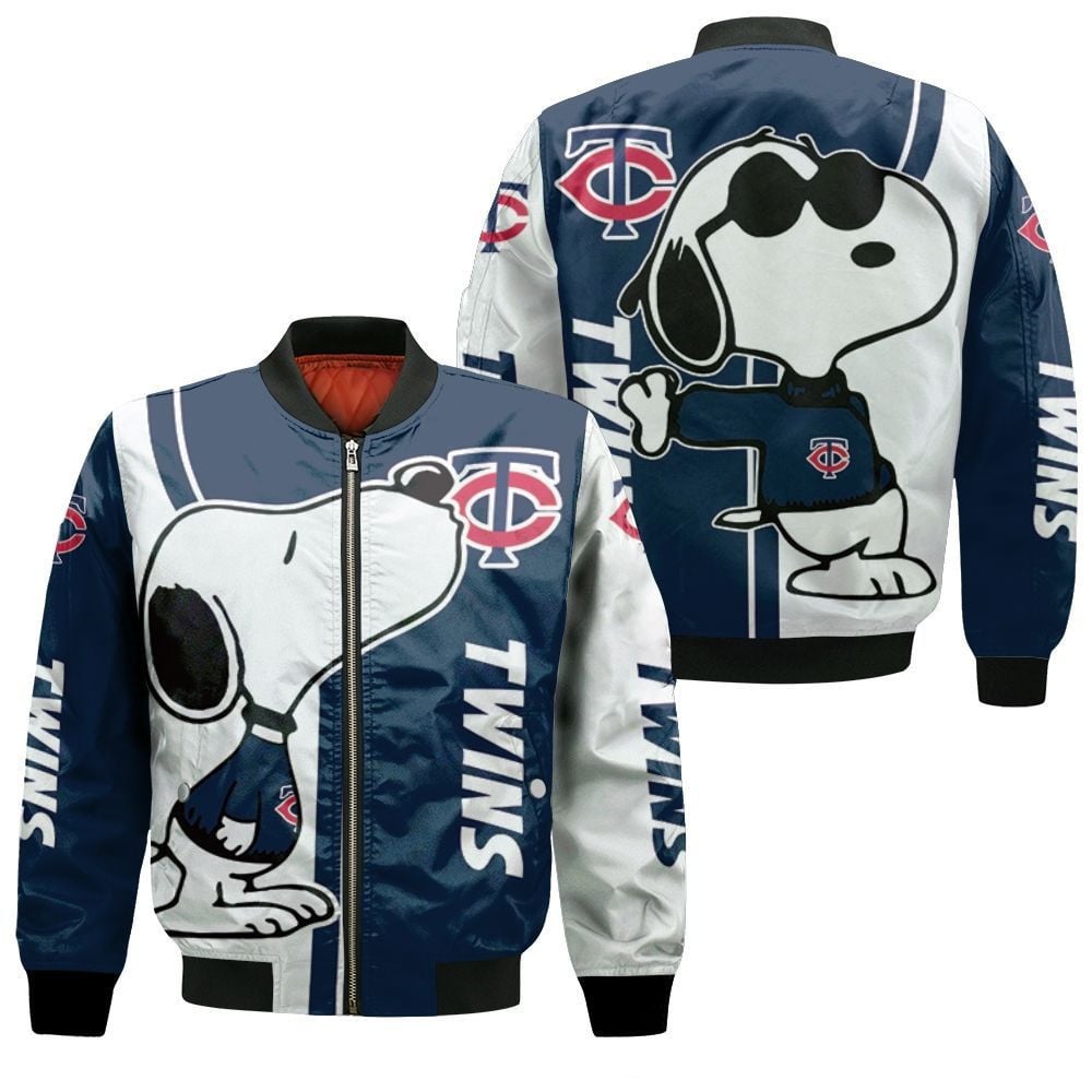 MLB Minnesota Twins Snoopy White Navy Blue Bomber Jacket