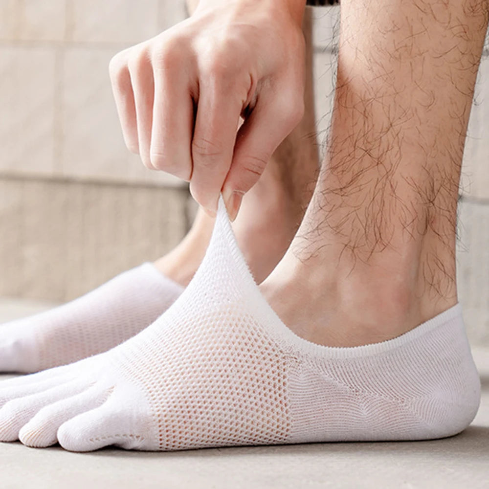 5 Pairs Men's Solid Color Five Finger Sillicon Anti-Slip Socks Cotton Breathable Sports Toe Socks