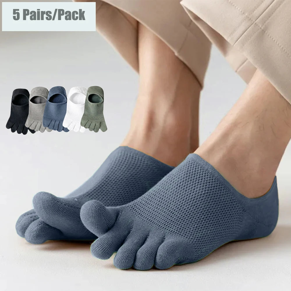 5 Pairs Men's Solid Color Five Finger Sillicon Anti-Slip Socks Cotton Breathable Sports Toe Socks