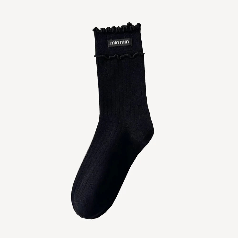 4 Pair Embroidered Women's Socks Cute Ruffled Edge Solid Color Long Korean Style Women Socks Autumn Winter Brand Designer Socks