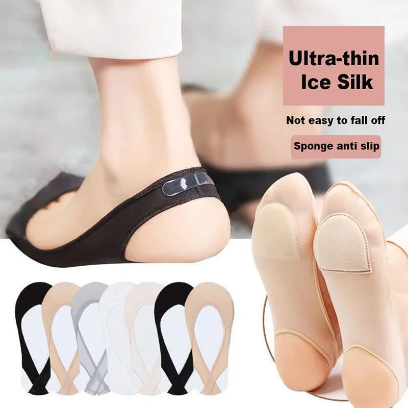 2 Pairs Ultra-thin Ice Silk Boat Socks Forefoot Pad Shallow Non-Slip Solid Color Socks Women Summer Thin Breathable Invisible